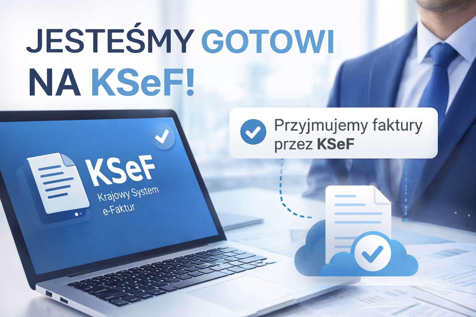 Grafika: Jesteśmy gotowi na KSeF! Przyjmujemy faktury przez KSeF — Krajowy System e-Faktur.